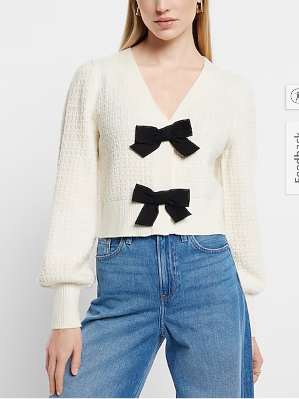 Express Cream V-Neck Textured Sweater with Black Bow Accents